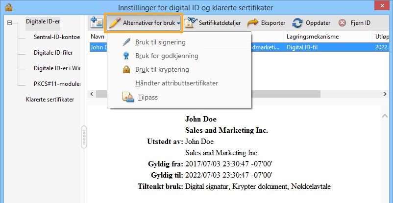 Velg alternativene som den digital ID-en skal være standard for