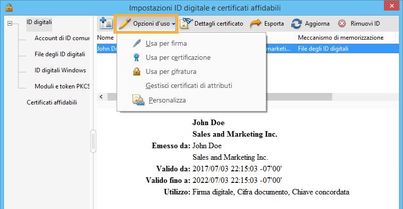 Seleziona le opzioni per cui vuoi che l’ID digitale sia l’impostazione predefinita