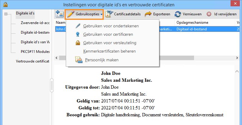 Selecteer de opties waarvoor u de digitale id wilt instellen als standaard