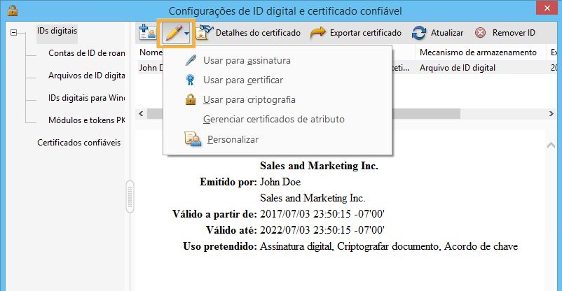 Selecione as opções para as quais você deseja que a ID digital seja o padrão