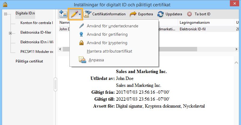 Markera alternativen för vilka ditt digitala ID ska användas som standard