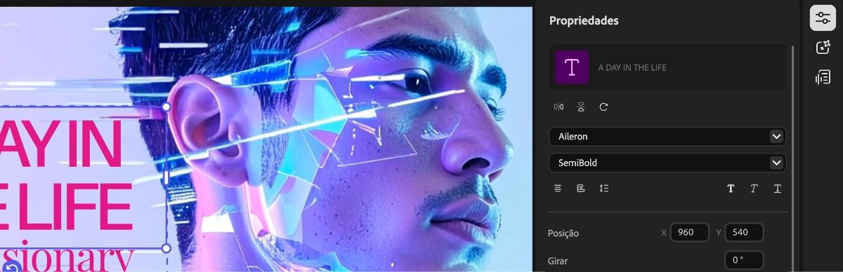O painel Propriedades exibe as configurações de texto que você pode ajustar para personalizar a aparência do texto do modelo.