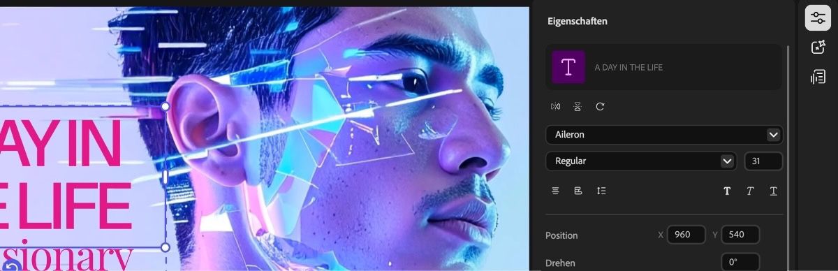 Im Bedienfeld „Eigenschaften“ werden Texteinstellungen angezeigt, die du anpassen kannst, um das Erscheinungsbild des Vorlagentextes zu ändern.