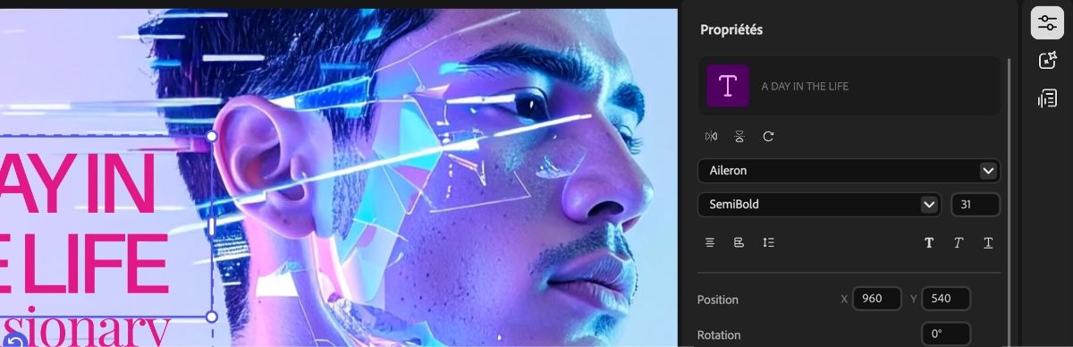 Le panneau Propriétés présente les paramètres de texte que vous pouvez ajuster pour personnaliser l’aspect du texte du modèle.