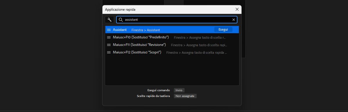 I risultati della ricerca di Applica rapido mostrano il comando Assistente, elencato sotto Finestra > Assistente, pronto per l'esecuzione.