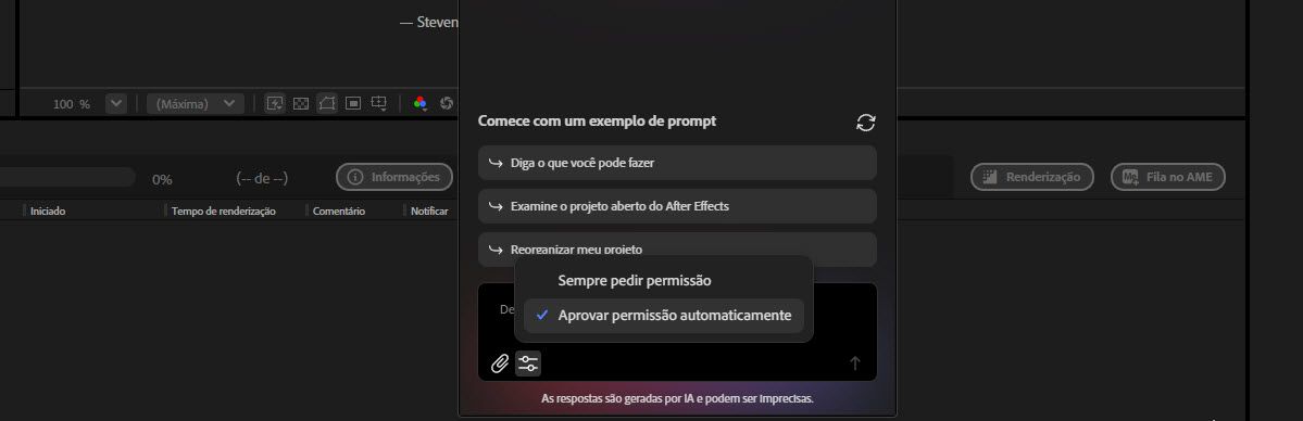O menu de configurações do Assistente mostra duas opções de permissão: sempre pedir permissão ou aprovar permissão automaticamente.