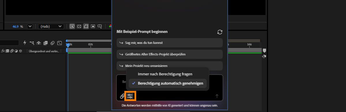 Das Einstellungsmenü des Assistenten zeigt zwei Berechtigungsoptionen: immer um Berechtigung fragen oder Berechtigung automatisch genehmigen.