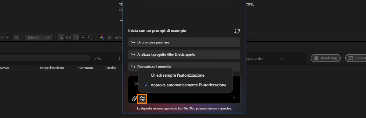 Il menu delle Impostazioni dell'Assistente mostra due opzioni di autorizzazione: chiedi sempre autorizzazione o approva autorizzazione automaticamente.