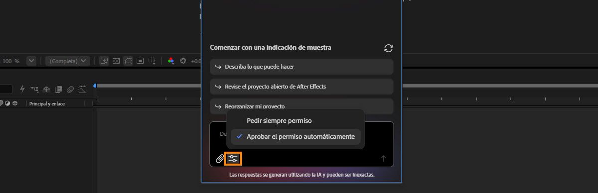 El menú de configuración del Asistente muestra dos opciones de permiso: solicitar siempre permiso o aprobar permiso automáticamente.