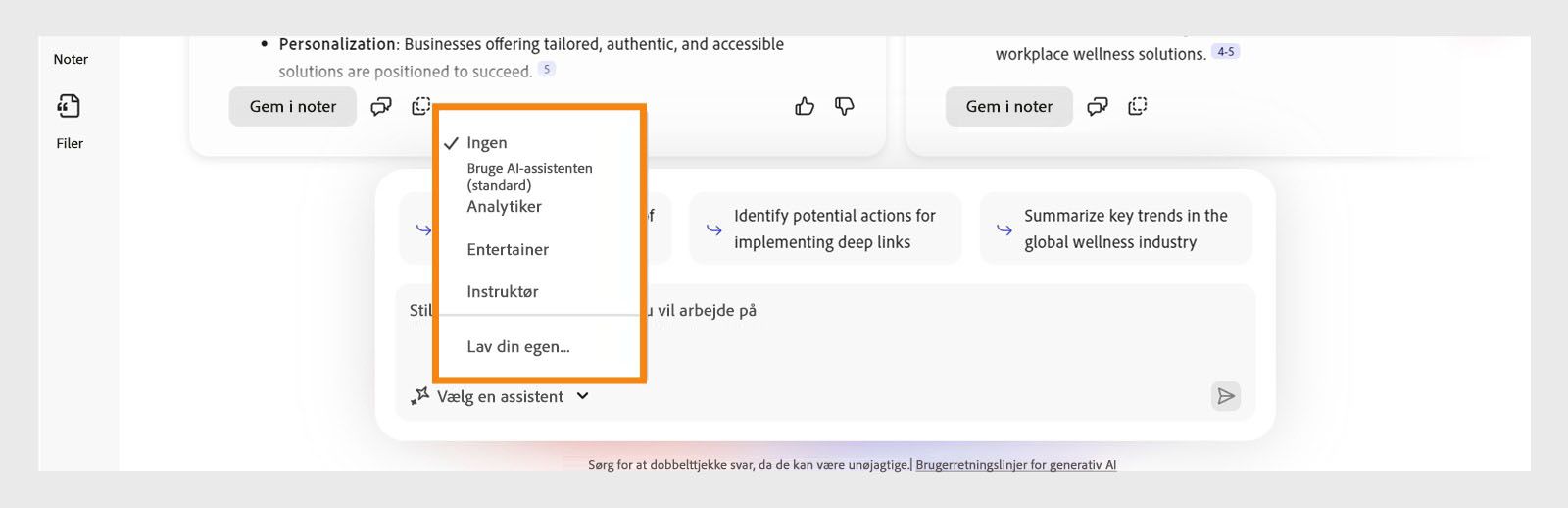 Chatpanelet i PDF Space, der viser muligheder for at vælge en specialiseret AI-assistent såsom Analytiker eller Underholder til personlig indsigt.