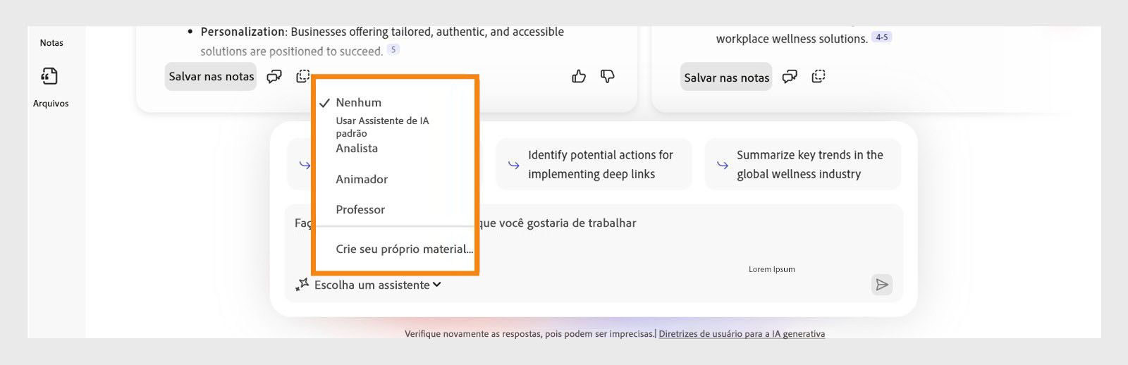 Painel de chat do PDF Space mostrando opções para selecionar um Assistente de IA especialista, como o Analista ou Apresentador para insights personalizados.