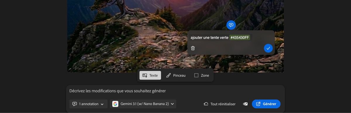 La page Marquage IA dans l'onglet Modifier affiche une zone de texte avec le texte « supprimer l'arbre » et l'option Texte sélectionnée.