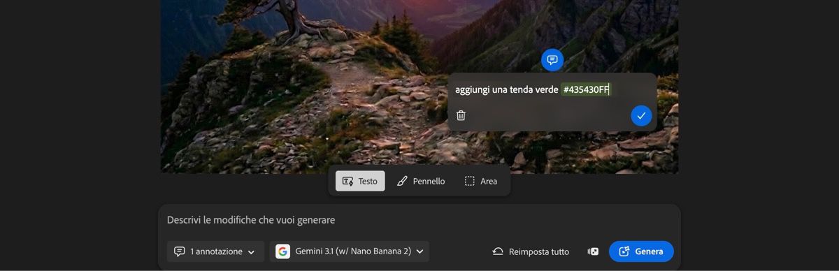 La pagina Markup IA nella scheda Modifica mostra una casella di testo con il testo "rimuovi albero" e l'opzione Testo selezionata.