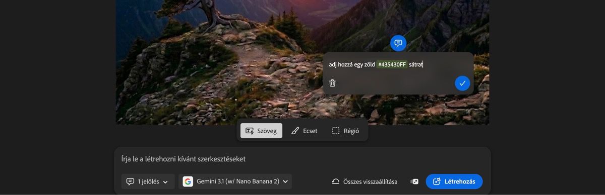 A Szerkesztés lap AI Markup oldala egy szövegdobozt jelenít meg „fa eltávolítása” szöveggel, és Szöveg opció van kiválasztva.