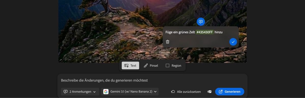 Die KI-Markup-Seite in der Registerkarte „Bearbeiten“ enthält ein Textfeld mit dem Text „Baum entfernen" sowie die ausgewählte Text-Option.
