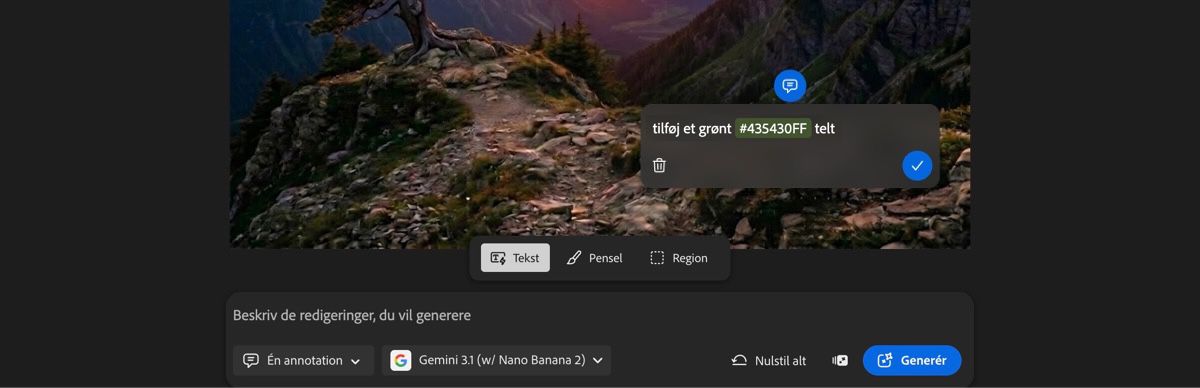 Siden AI-markup på fanen Rediger viser en tekstboks med teksten "fjern træ" og tekstindstillinger valgt.