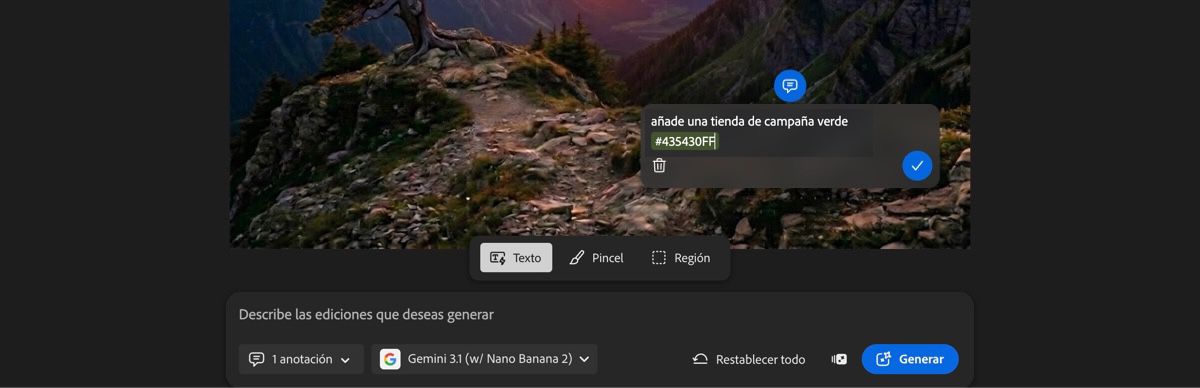 La página de marcado de IA en la pestaña Editar muestra un cuadro de texto con el texto "quitar árbol" y la opción Texto seleccionada.