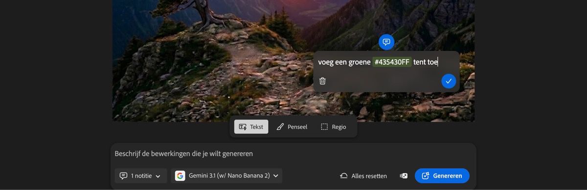 De AI-opmaak-pagina in het tabblad Bewerken toont een tekstvak met de tekst "boom verwijderen" en de optie Tekst geselecteerd.