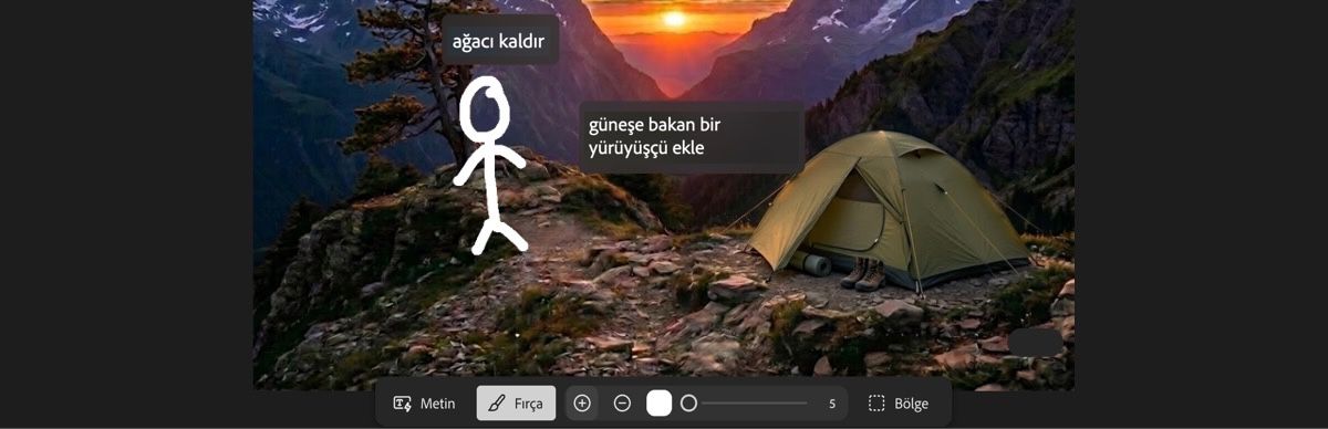 Düzenleme sayfasının yapay zeka ile işaretleme bölümünde daire içine alınmış bir çadır, bir ok ve "çadırı buraya taşı" metni bulunan bir metin kutusu gösterilir.