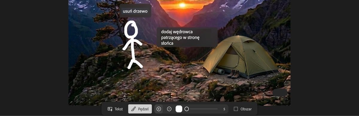 W sekcji Oznaczenie SI na stronie Edycja widać namiot w kółku, strzałkę i pole tekstowe z tekstem „przesuń namiot tutaj”.