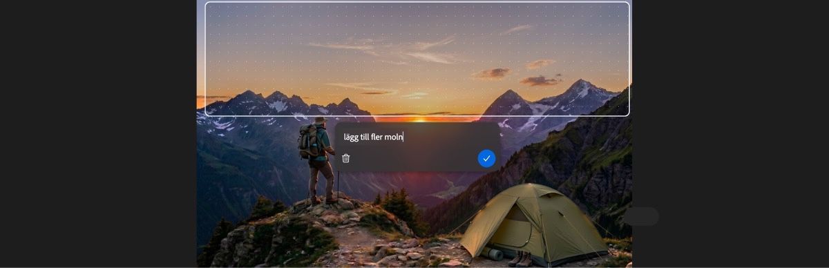 AI markup på sidan Redigera visar verktyget för regionval som markerar ett tält tillsammans med prompten 'ta bort tält'.