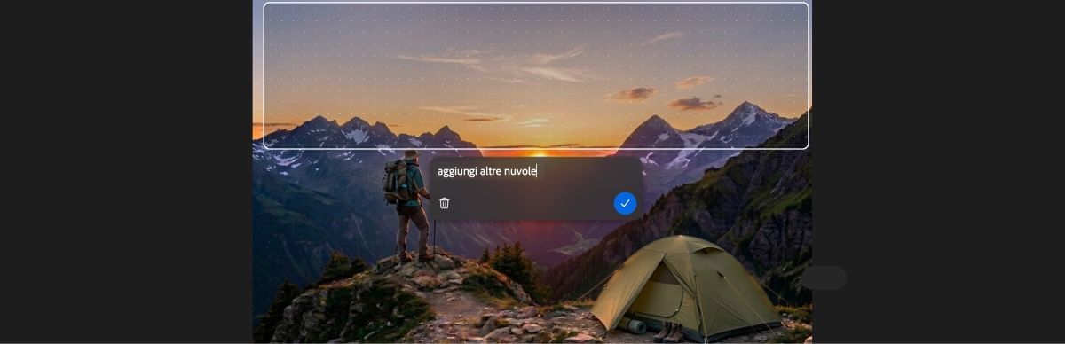La sezione Markup IA nella pagina Modifica mostra lo strumento di selezione dell'area che evidenzia una tenda insieme al prompt "rimuovi tenda".