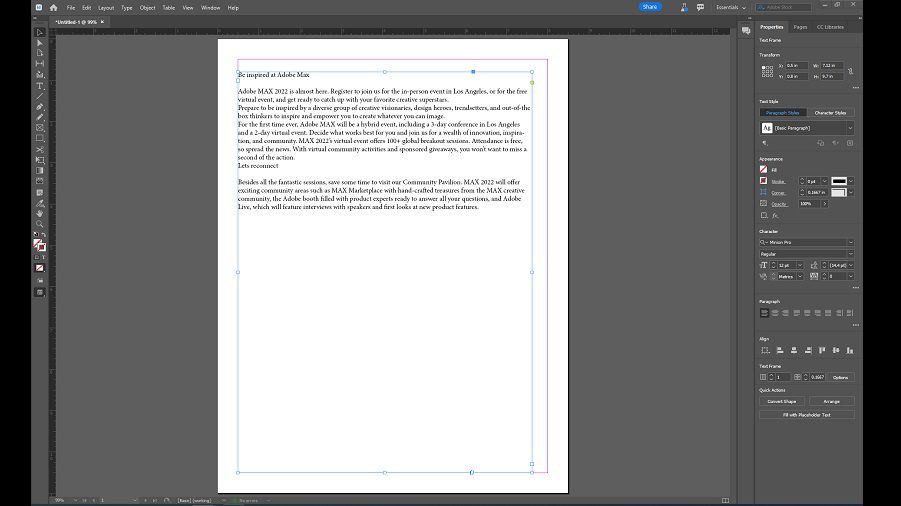 New InDesign document with over 1,000 characters