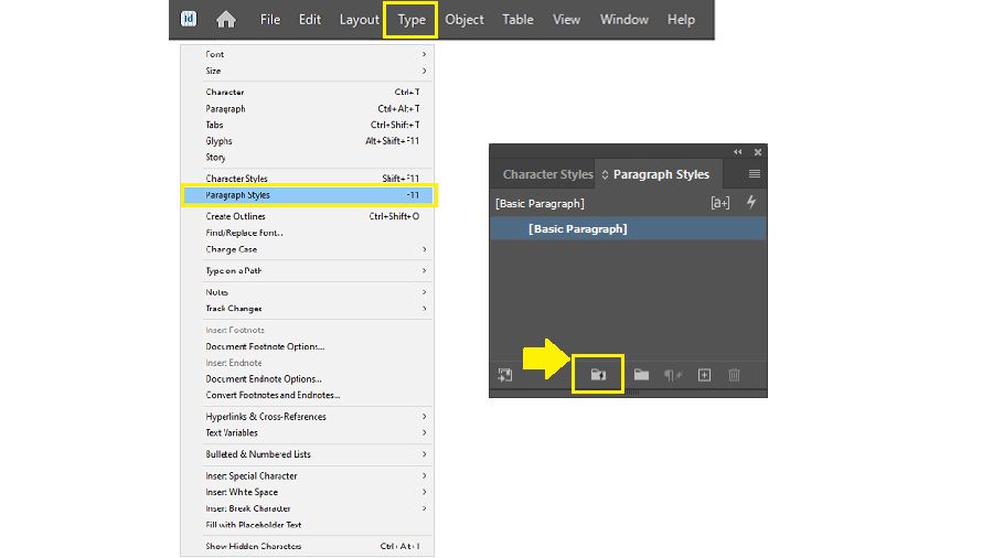 Navigate to “Type” menu, select Paragraph Styles, click the marked folder 