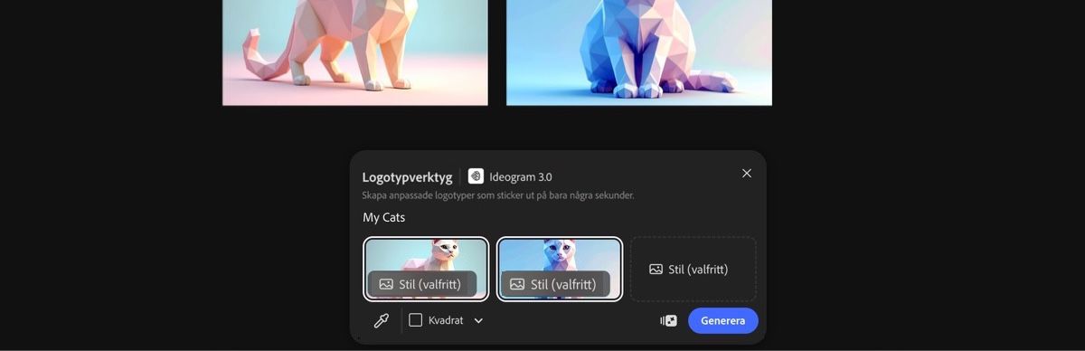 Välj bilder från arbetsytan för att tillämpa Skapa en logotyp med Ideogram 3.0-förinställningen.