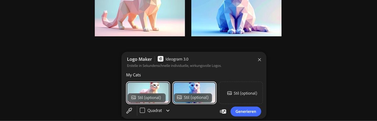 Wähle Bilder von der Arbeitsfläche aus, um die Voreinstellung „Logo erstellen mit Ideogram 3.0“ anzuwenden.