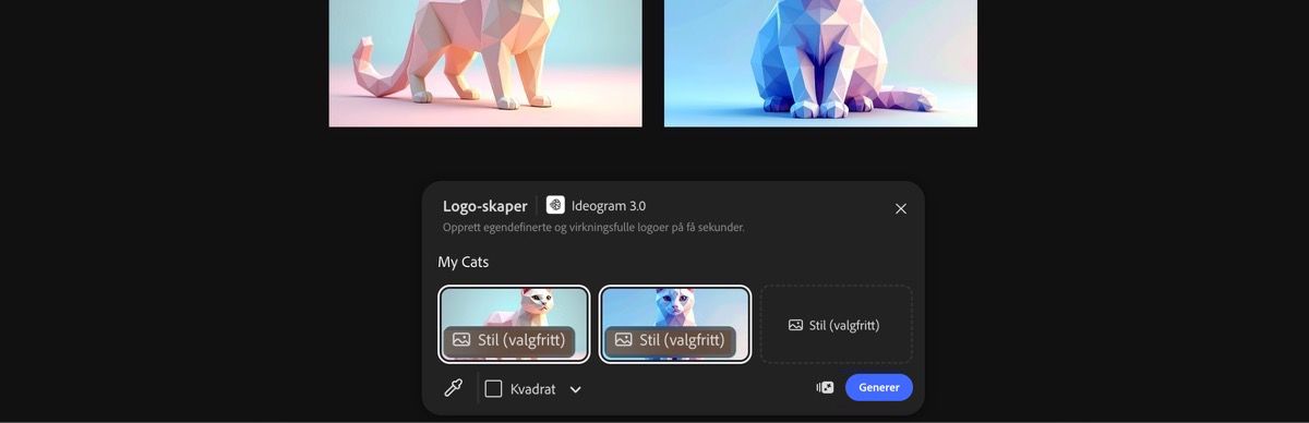 Velg bilder fra lerretet for å bruke forhåndsinnstillingen Opprett en logo med Ideogram 3.0.