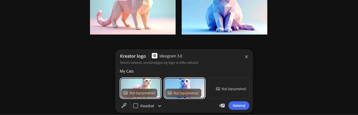 Wybierz obrazy z obszaru roboczego, aby zastosować ustawienie predefiniowane Utwórz logo za pomocą Ideogram 3.0.