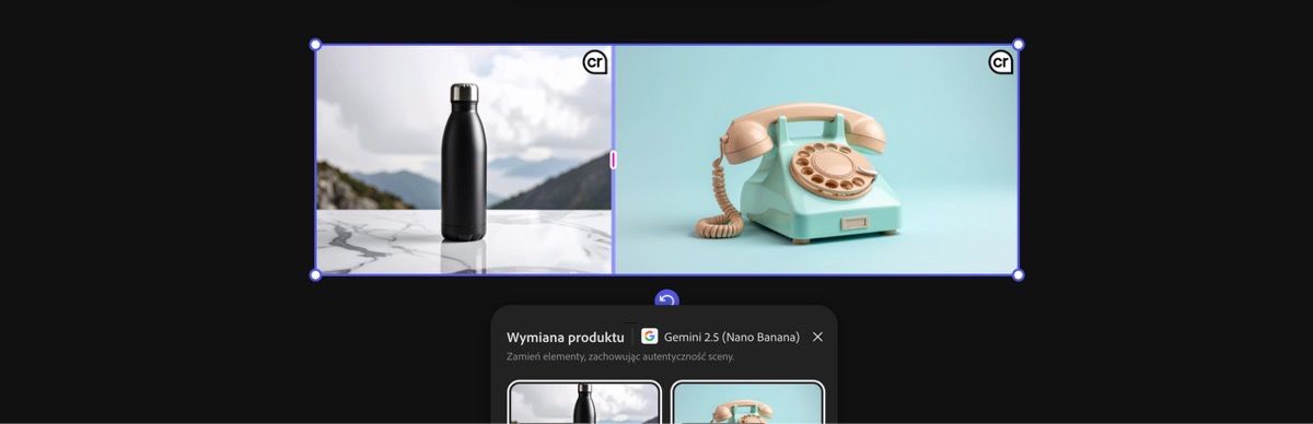 Wybierz obrazy z obszaru roboczego, aby zastosować ustawienie predefiniowane Zamiana produktu autorstwa Gemini 2.5 Flash Image.