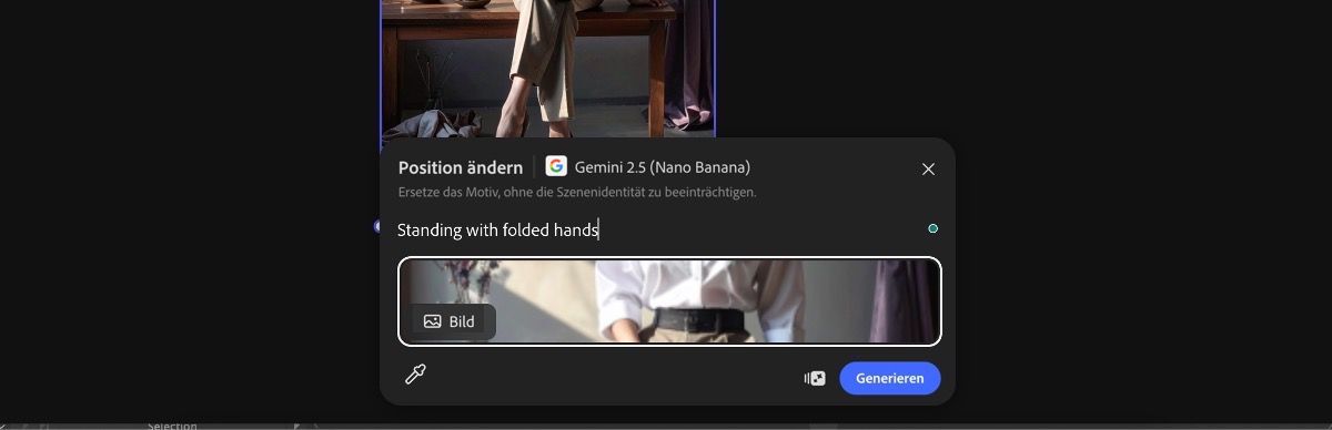 Wähle ein Bild von der Arbeitsfläche aus, um die Voreinstellung „Pose ändern mit Gemini 2.5 Flash Image“ anzuwenden.