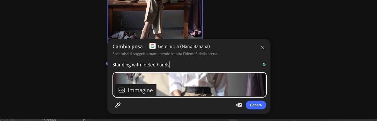 Seleziona l'immagine nell'area di lavoro per applicare il predefinito Cambia posa con Gemini 2.5 Flash Image.