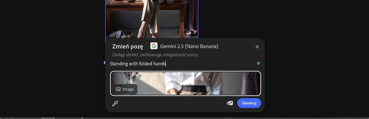 Wybierz obraz z obszaru roboczego, aby zastosować ustawienie predefiniowane Zmień pozę autorstwa Gemini 2.5 Flash Image.