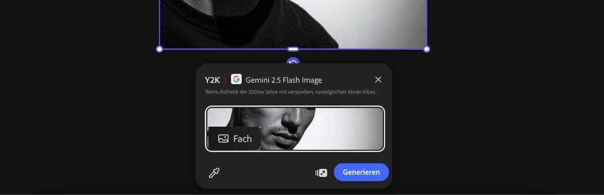 Wähle ein Bild von der Arbeitsfläche aus, um die Voreinstellung „Jahr 2000 mit Gemini 2.5 Flash Image“ anzuwenden.