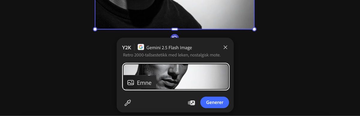 Velg et bilde fra lerretet for å bruke forhåndsinnstillingen Y2K med Gemini 2.5 Flash Image.