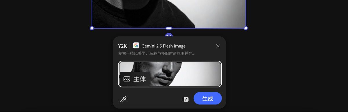 从画布中选择图像以应用 Gemini 2.5 Flash Image 的“Y2K”预设。