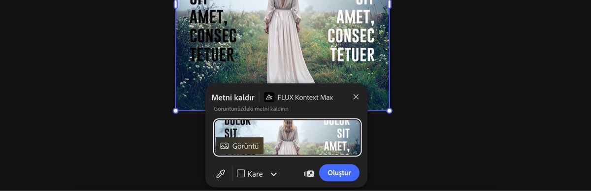 FLUX Kontext Max ile metin kaldırma hazır ayarını uygulamak için tuvalden bir görsel seçin.