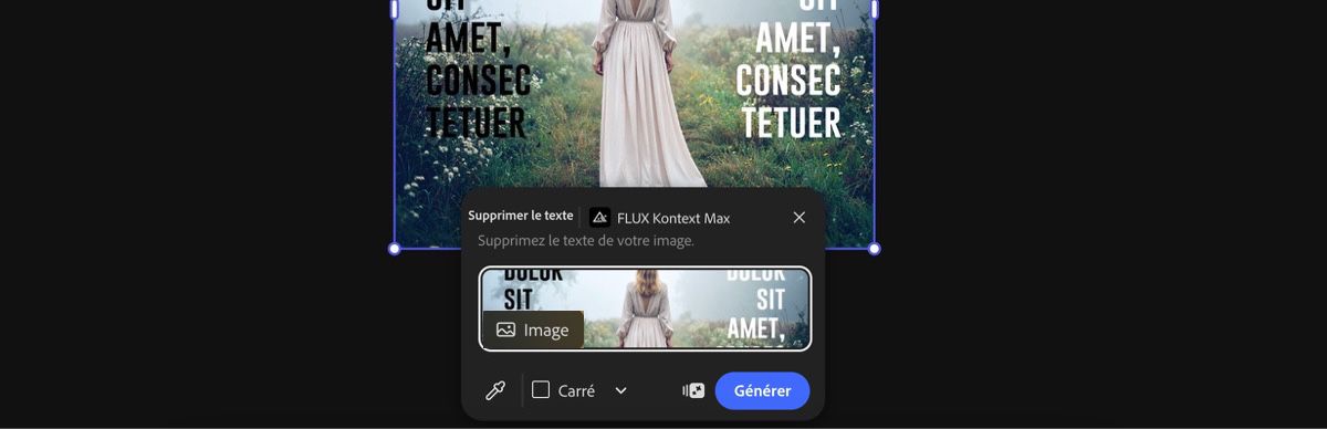 Sélectionnez une image de la zone de travail pour appliquer le paramètre prédéfini Supprimer le texte par FLUX Kontext Max.