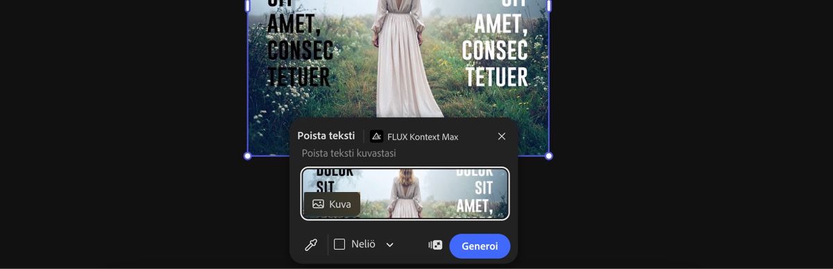 Valitse piirtoalueelta kuva, jossa haluat käyttää FLUX Kontext Maxin Poista teksti -esimääritystä.