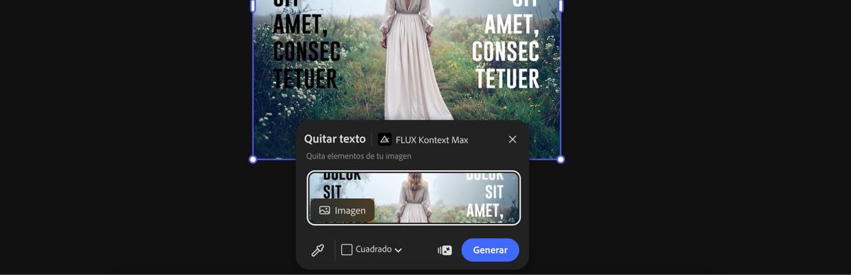 Seleccione una imagen del lienzo para aplicar el ajuste preestablecido Quitar texto de FLUX Kontext Max.