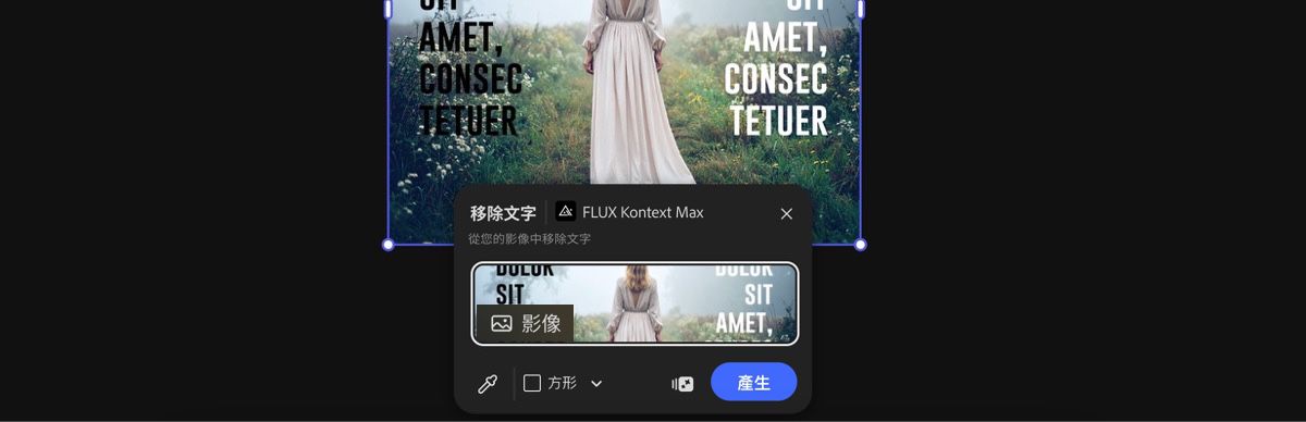 從畫布上選取影像以套用 FLUX Kontext Max 移除文字預設集。