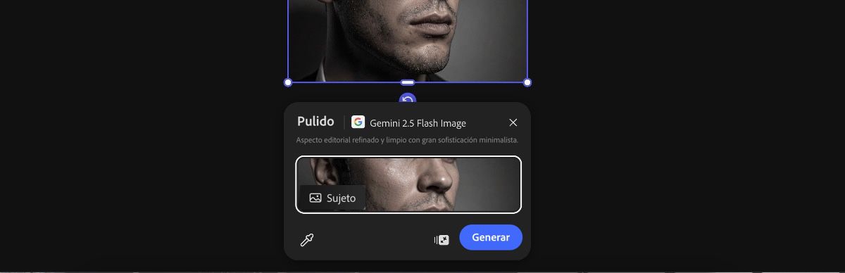Seleccione una imagen del lienzo para aplicar el ajuste preestablecido Pulido de Gemini 2.5 Flash Image.