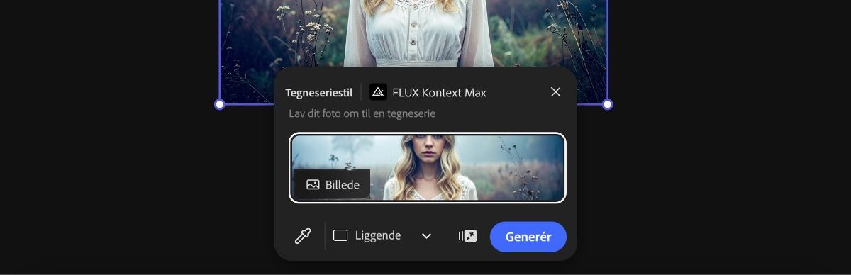 Vælg et billede på lærredet for at anvende forudindstillingen Tegneserie fra FLUX Kontext Max.