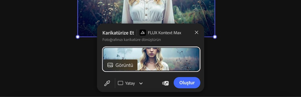 FLUX Kontext Max ile karikatürleştirme hazır ayarını uygulamak için tuvalden bir görsel seçin.