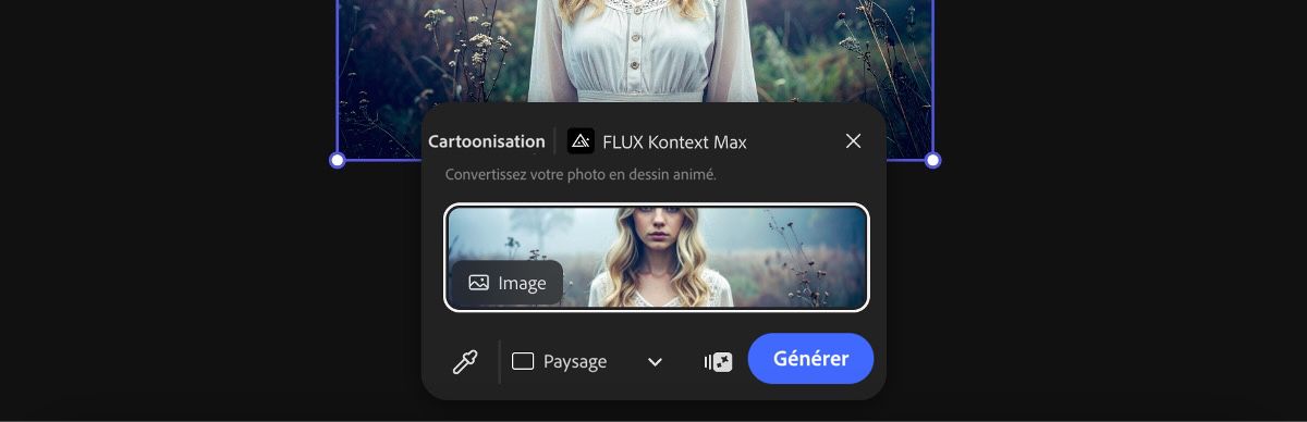 Sélectionnez une image de la zone de travail pour appliquer le paramètre prédéfini Cartoonisation par FLUX Kontext Max.