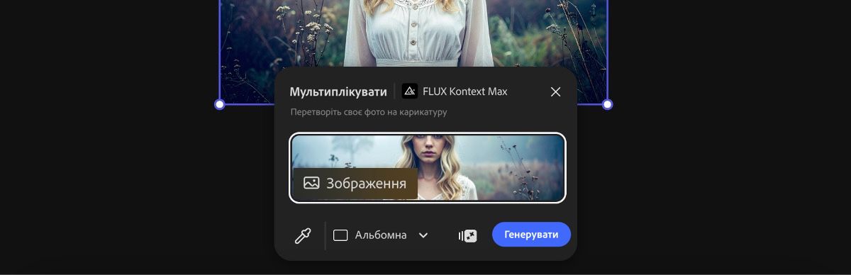 Виберіть зображення на полотні, щоб застосувати до нього стиль FLUX Kontext max – «Мультиплікація».