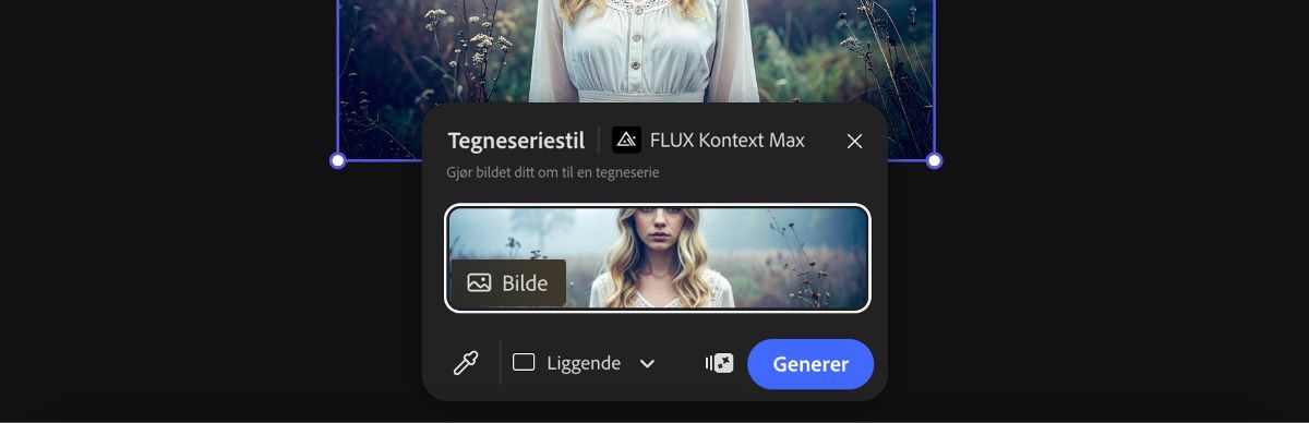 Velg et bilde fra lerretet for å bruke Gjør om til tegneserie med FLUX Kontext Max.